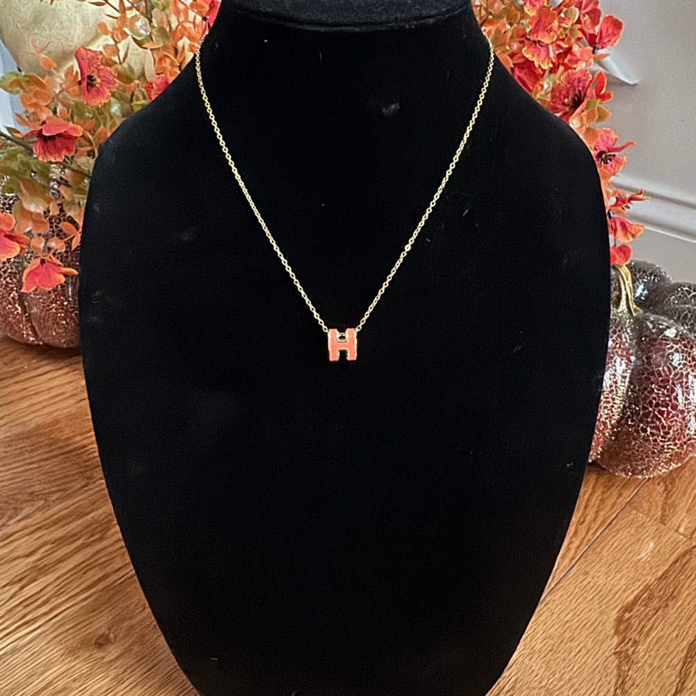❤️ Orange‎ “H” 18” Gold Plated Stainless Steel Necklace